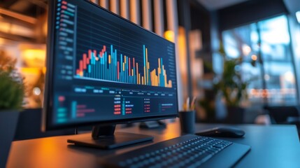 Poster - A detailed business graph displayed on a computer screen, showing upward trends and colorful data visualizations in a modern office setting.