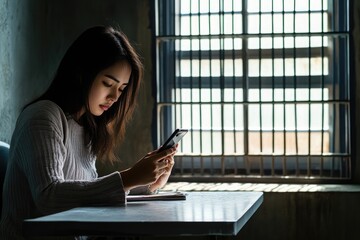 Young Woman Using Mobile Phone at Desk in Office with Copy Space