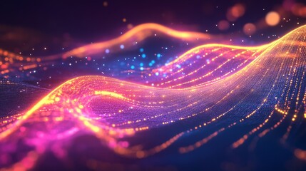 Poster - A digital concept of neon electric waves intersecting over a dark background, representing wireless technology, AI systems, and the future of electricity.