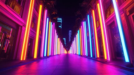 Neon-lit city street at night with vibrant glowsticks illuminating the scene, urban nightlife in a futuristic city, neon glowtime vibes, dynamic urban energy