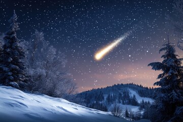 Wall Mural - Comets In Night Sky. Christmas Eve in Winter Forest with Snow and Starry Sky
