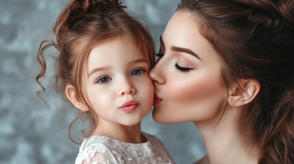 Wall Mural - A woman kisses a little girl on the cheek