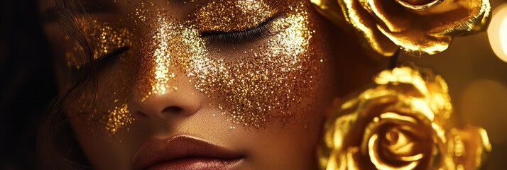 Gold Rose Glitter. Woman Model with Glowing Skin and Perfect Portrait Wearing Gold Rose Jewelry