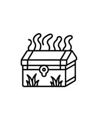 Create a vector illustration of a sunken treasure chest with editable strokes. The chest should have a closed lid, a latch, and be surrounded by seaweed.