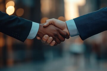 A closeup image of two business professionals engaged in a firm handshake embodies the essence of teamwork, agreements, and corporate strategies being implemented within a modern office environment