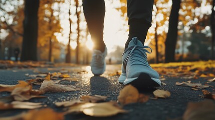 Low angle view of Jogger's feet in sneakers running through autumn leaves at sunset in park, copy space