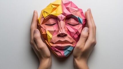 Sticker - A person's hands are holding a paper mask that is made of different colored pieces, AI