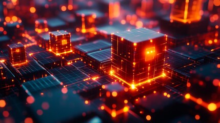 Poster - A futuristic 3D heatmap with glowing cubes representing data intensity, displayed over a grid surface, emphasizing high-tech analytics and information flow.