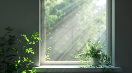 Sunlight streams through a window, illuminating two potted plants on the sill.