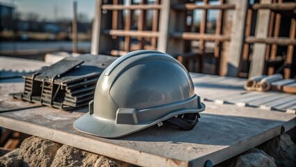 Wall Mural - Construction site at sunset with a safety helmet in focus near modern buildings under construction and surrounding materials.