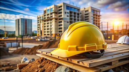 Wall Mural - Construction site at sunset with a safety helmet in focus near modern buildings under construction and surrounding materials.