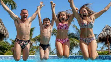 Wall Mural - A group of people jumping in a pool with their arms up, AI