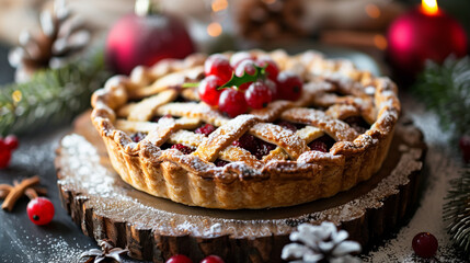 A classic Christmas pie topped with powdered sugar and red berries, surrounded by festive decorations, creating a warm holiday atmosphere.