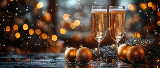 Wall Mural - Festive New Year's Eve Champagne Toast with Golden Ornaments and Festive Lights