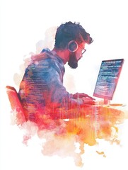 A watercolor illustration of a web developer working on their computer, with code and a colorful background. The image symbolizes creativity, innovation, technology, and problem-solving.