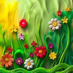 Wall Mural - A painting of colorful flowers on a green background