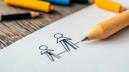 A wooden pencil rests on a white sheet of paper with a simple stick figure drawing of two people. The drawing symbolizes teamwork, collaboration, communication, connection, and simplicity.