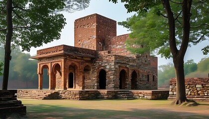 An ancient building displaying a unique masonry structure with a peaceful surrounding environment, suitable for viewing the combination of history and nature.