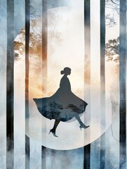 Wall Mural - A woman's silhouette walking towards a mystical forest with a waterfall behind her. Her dress blends with the trees and fog. This image symbolizes freedom, nature, and the beauty of the unknown.