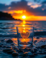 Poster - A glass with a heart cut out of it sitting on the beach at sunset