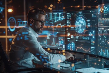 A man is sitting in front of two computer monitors, generative ai image