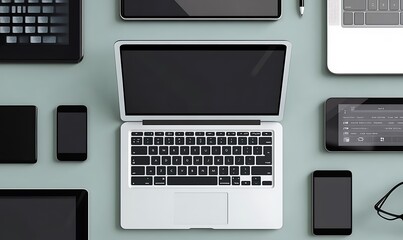 Wall Mural - laptop, tablet, phone, and keyboard on a desk