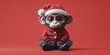 © kometa - Adorable monkey in Santa Claus costume for holiday cheer and festive decor, red background, Copy Space for text