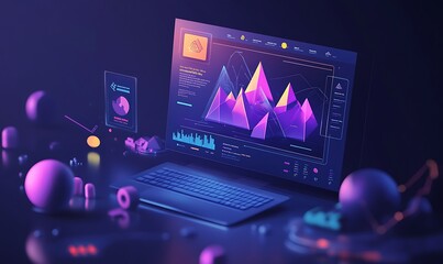 Canvas Print - Laptop Displaying Charts, Graphs, and Geometric Shapes in a Neon Color Scheme