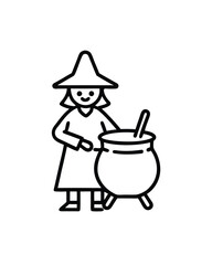 Editable stroke vector of a witch stirring a cauldron with a large wooden spoon.