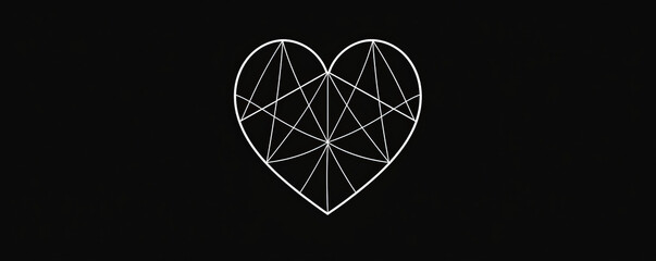 A simple white line drawing on a black background of a heart with sharp lines outlining its shape. The contrast emphasizes the timeless nature of love.