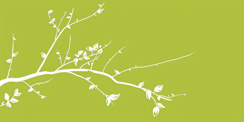 Wall Mural - A simple white line drawing on a lime green background of a tree branch with a few leaves. The vibrant color highlights the freshness and energy of the natural world.