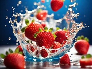 Wall Mural - A high-speed photograph capturing a dynamic fruit splash with strawberries, with vibrant and colorful motion. 