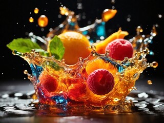 Wall Mural - Fruit splash in soda, with dynamic and vibrant motion. The image is isolated on a plain background, emphasizing the fresh and juicy appeal of the fruit and the clean, bright splash of soda droplets.