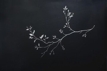 Wall Mural - A simple white line drawing on a black background of a tree branch with a few leaves. The design emphasizes the delicate balance of nature.