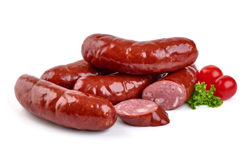 Wall Mural - Smoked pork sausages, isolated on white background. High resolution image