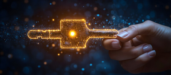Wall Mural - a hand holding a key with a glowing light on it