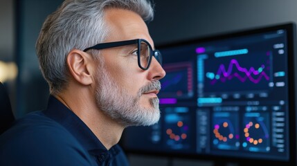 A man with glasses looking at a computer screen, AI