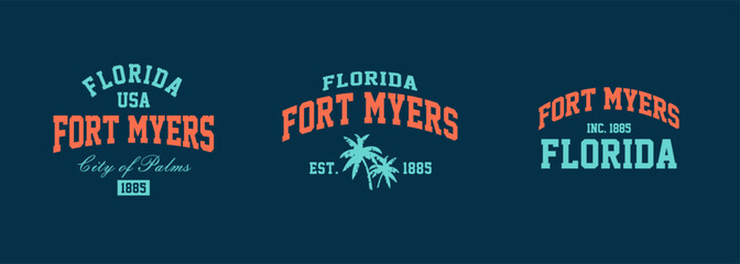 Wall Mural - Set t-shirt stamps graphic, Florida logo travel wear typography emblem Fort Myers vintage tee print, sport apparel design shirt graphic print