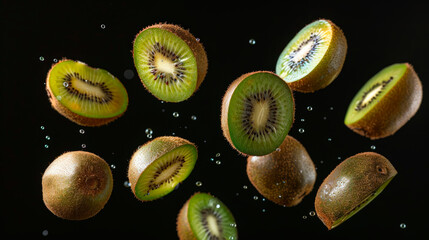 Floating kiwi slices showcase their vibrant green flesh and unique texture against a dark backdrop, creating a visually striking display of fresh fruit