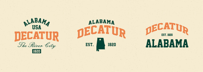 Wall Mural - Set t-shirt stamps graphic, Alabama logo travel wear typography emblem Decatur vintage tee print, sport apparel design shirt graphic print