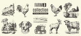 Rural meadow or countryside farm set. A village landscape with cows, goats and lamb, hills and a farm.