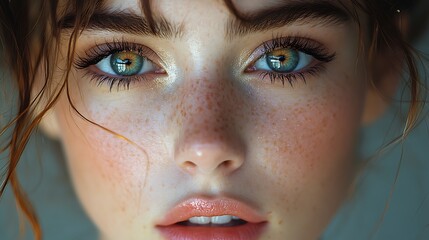close-up portrait of a young woman with freckles and green eyes.