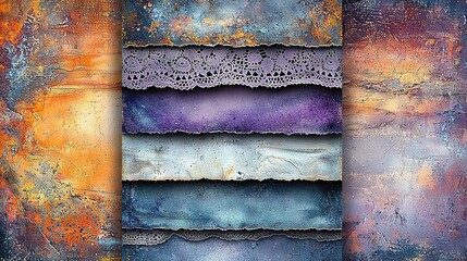 Wall Mural -   A painting featuring diverse hues of blue, purple, and orange with an overlay of intricate lace