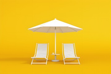 A clean and minimalistic 3D render of two beach chairs with an umbrella on a vibrant yellow background. The image provides plenty of space for summer vacation and travel text, captured in