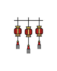 Editable stroke vector of three red lanterns hanging on a string.