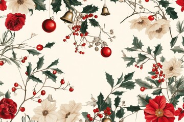 seamless pattern of christmas flowers, bells, and greenery in a modern minimalist style, with simple shapes and a limited color palette, suitable for a contemporary wallpaper or fabric design