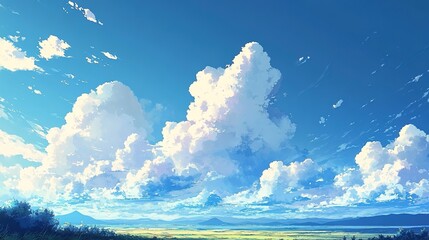 夏の空と入道雲のアニメ風イラスト