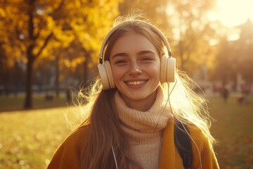 smiling woman with headphones taking a leisurely walk in an autumn park, with the sun casting a warm glow on her face