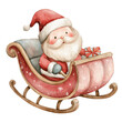 © Helena GARCIA - Adorable Papa Noel o Santa Claus de dibujos animados en su trineo repleto de regalos, hecho de acuarela en tonos rojos, sobre fondo blanco. Concepto celebraciones de navidad