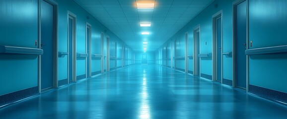 Empty blue hospital corridor with doors on each side and bright lights at the end.